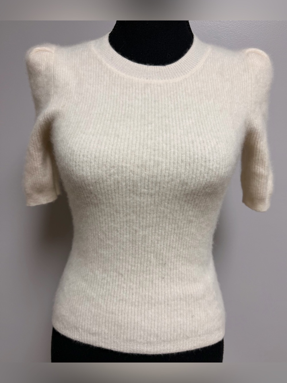 AQUA 100% Cashmere Ribbed Puff Sleeve Crewneck Sweater Ivory XS